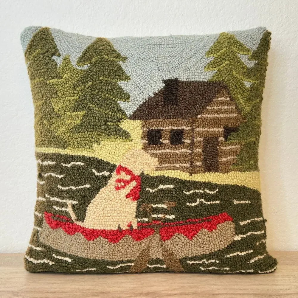 Hooked Wool Throw Pillow 14x14 Dog Canoe Lake House Cabin Trees Forest Classic